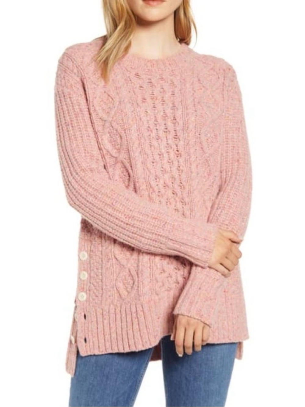Alex Mill Aran Cable Knit Merino Wool Blend Side Button Sweater Pink Large